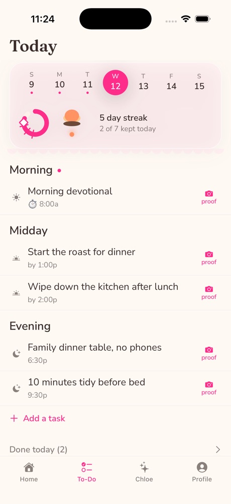 Trad Wife to-do list with today's tasks grouped into morning, midday, and evening, each with a swipe-to-fold gesture and a proof button